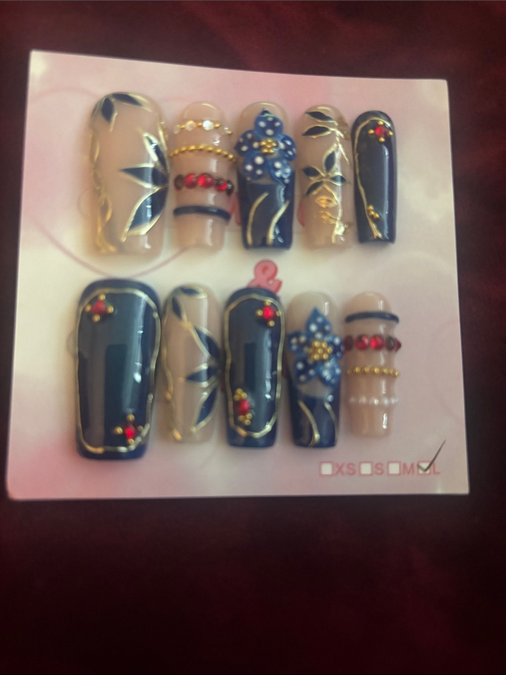 Hand-Painted Navy and Nude Floral Press-On Nail Set